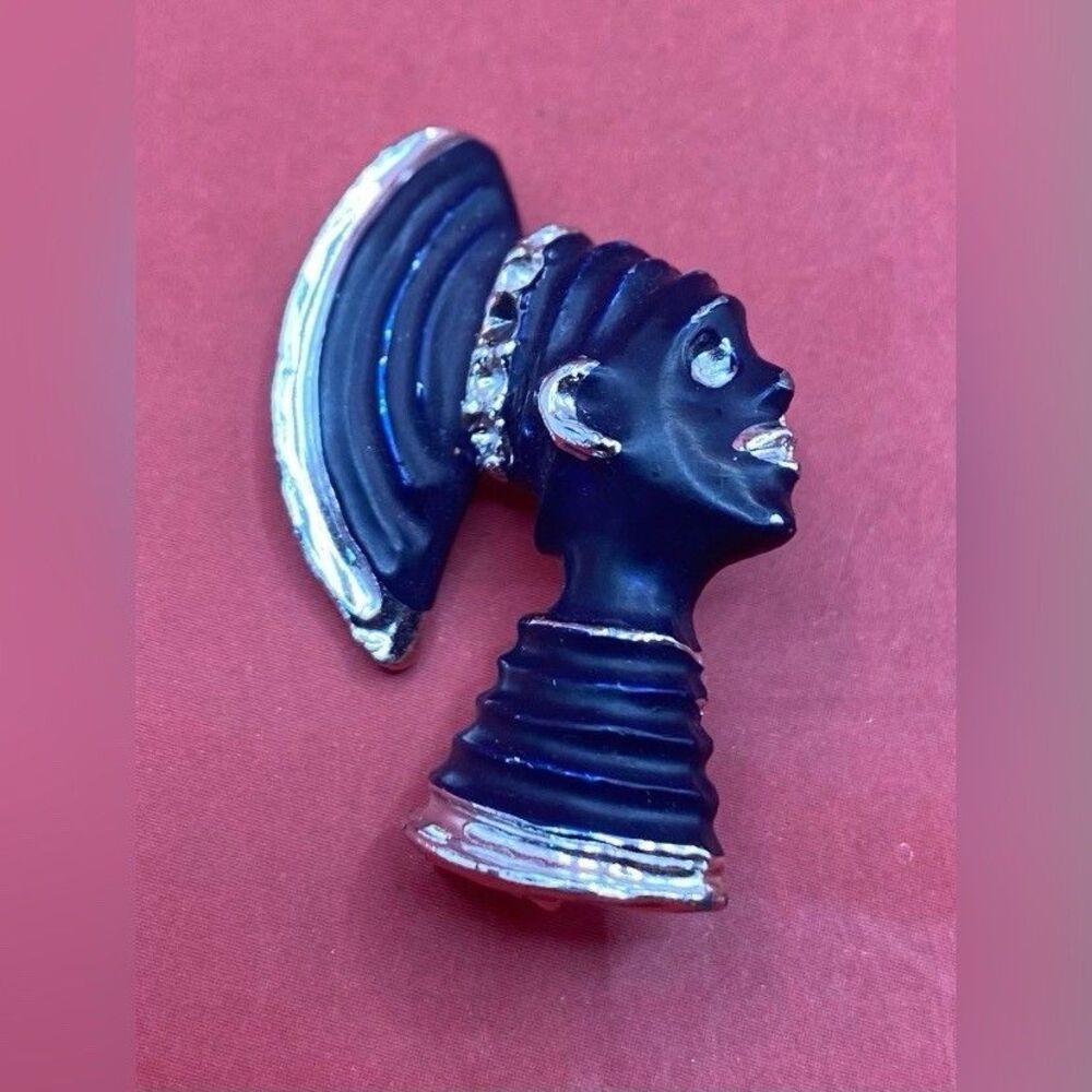 Vintage Blackamoor Women’s Brooch African Queen Black Silver Tone Rhinestones